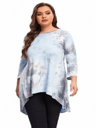 plus Size Lg Sleeve Elegant Tie Dye Tunic Tops Lg Loose Autumn Hi Low Swing Blouse T-shirt Plus Size Clothing Women 6XL 7XL q17R#