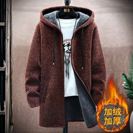 Men's Cardigan Cashmere Long Coat Sweaters with Hoods Autumn Winter New Fleece Warm Solid SweaterCoat Windbreaker Men Clothing