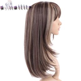 S-noilite Synthetic Hair Straight Brown Wig With Bangs For Black Women Fake Hair Heat Resistant Wigs For African American