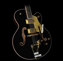 HollowBody Black Falcon Jazz Electric Guitar Double F Holes Gold Sparkle Body Binding Bigs Tremolo Bridge Imperial Tuners8176106