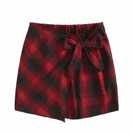 plus Size Elastic Waist Summer Spring Casual Bandage Plaid Skirt Women Bow Frt Vintage Checked Mini Skirt Plus Size Bottoms S6dF#