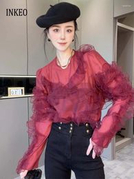 Women's Blouses Sexy See-through Ruffles Tops Women 2024 Summer Solid Long Sleeve O-neck T-shirt Female Organza Shirt Loose Club INKEO 4T039