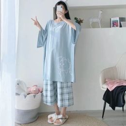 Plus Size 6XL 150KG Summer Women Pajamas Set O Neck Short Sleeve Tops and Pants Black Sweet Sleepwear Pajamas Suit