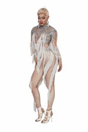 lg Sleeves White Printing Tassel Sexy Nude Jumpsuits For Women Drag Queen Party Clothing Stage Singer Costume Pole Dance Wear W2GW#