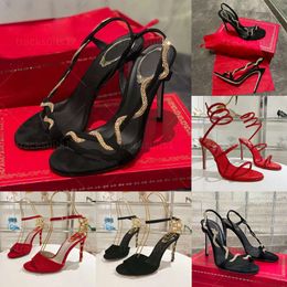 2024 new Designer Rhinestone Serpentine Sandals Winding Black High-heeled Anti Velvet Elegant Sexy Fashion Luxury Designer 9.5cm Women's High Heels Banquet Party