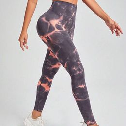Peach Tie Dye Yoga for Women with High Waist, Abdominal Tightening, Hip Lifting Fiess Pants, Seamless Sports Tight Pants