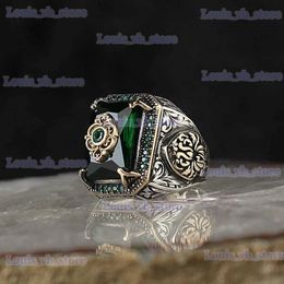 Band Rings Retro Handmade Turkish Signet Ring for Men Vintage Silver Color Carving Pattern Inlay Green Zircon Party Punk Motor Biker Ring T240330