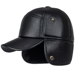 Winter Warm Cap Men Black Leather Fur Baseball Cap Hats for Men Snapback Father Casquette Bones Dad Caps Gorras Earflaps Thicken