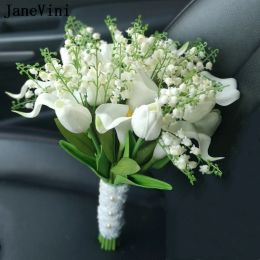 JaneVini White Wedding Bouquets Artificial Calla Lily Tulip Lily of the Valley Brides Bridesmaid Flowers Beach Bridal Bouquet