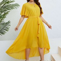 Plus Size V Neck Summer V-Neck Yellow Irregular Large Dress 4Xl 158227