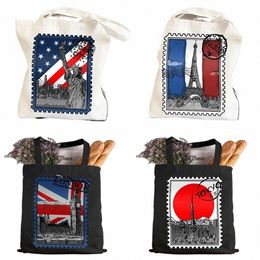 vintage Paris Ld Amsterdam New York Tokyo Berlin Stamp Women Canvas Shoulder Handbag Tote Cott Shop Beach Baguette Bag j0TZ#