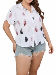 women's Blouses Plus Size Summer Tops New Leisure Blouse Loose Feather Print V Neck Fi Short Sleeve Shirts S24C#