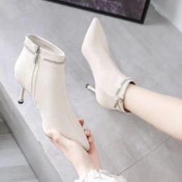 Booties Elegant with Medium Heels Footwear Rhinestone Short Shoes for Woman White Women's Ankle Boots Pointed Toe Y2k Hot Pu 39