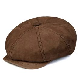 Leather Hat Beret Men Autumn British Retro Cowhide Octagonal Hat Winter Newsboy Painter Cap Coffee Boina Hombre