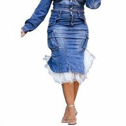 plus Size Blue Formal Denim Tulle Pockets Skirts a6UG#