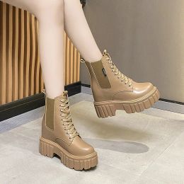 Women High Heels 10CM Thick Heel Ankle Boots Leather Chunky Shoes Autumn Winter Woman Punk Boots Platform Sneaker Botas Designer