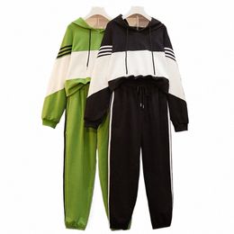 150kg Plus Size Women's Spring Autumn Loose Two-Piece Bust 149 Striped Sweatshirt Pants Casual Suit Black Green 6XL 7XL 8XL 9XL X3Hn#