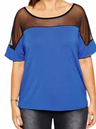 plus Size Half Sleeve Summer Loose Casual T-shirt Women's Mock Neck Mesh Insert Elegant Blouse Tops Female Large Size Tunic 5XL E3Za#