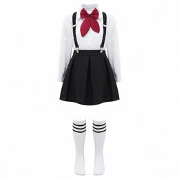 kids Girls Student School Uniform Schoolgirl Costume Shirt Top with Suspenders Skirt Socks Sets Children Choir Performance Suit Q7sX#