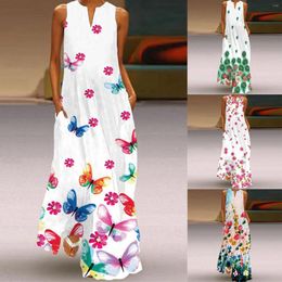 Casual Dresses Summer Autumn Sexy Maxi For Girls Teens Sleeveless Feather Print V Neck Loose Dress Boho Long Sundress With Pockets