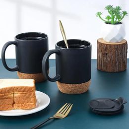 Mugs Cork Bottom Coffee Mug 350ml Matte Black With Grip Handle Detachable Dustproof Lid Heat-resistant Ceramic