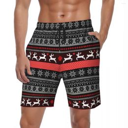 Men's Shorts Male Board Nordic Animal Casual Beach Trunks Red Fair Isle Pattern Quick Dry Sports Surf High Quality Short Pants