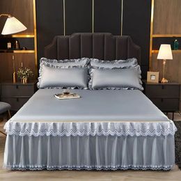 WOSTAR Luxury lace bed skirt summer bedspread solid satin rayon bed linen couple bedding single double queen king size bed sheet 240322