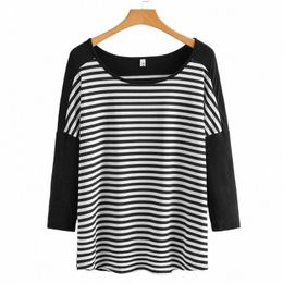 plus Size Casual Striped Blouse Women Lg Sleeve Loose Drop Shoulder Spring Autumn Fi Tunic Top Large Size 5XL 6XL 7XL 8XL R30T#