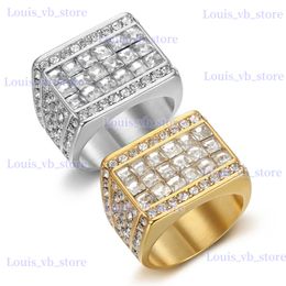 Band Rings HIP Hop Rhinestone Paved Bling Iced Out Stainless Steel Geometric Square Finger Rings for Men Rapper Jewellery Gift T240330