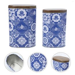 Storage Bottles 2 Pcs Blue And White Porcelain Tea Candy Jar Container Sealed Household Tinplate Decorative