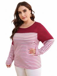 plus Size Lg Sleeve Spring Autumn Loose Casual Blouse Top Women Round Neck Striped Spliced Pullover T-shirt Big Size Clothing r6H5#