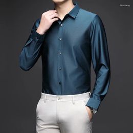 Men's Casual Shirts High End Dark Blue Smooth Satin For Mens Slim Fit Business Gents Silk Work Blouse Office Wear Husband Dress