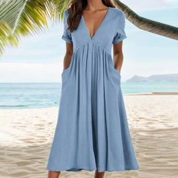 Casual Dresses Breathable Dress Elegant V Neck A-line Midi With Pleated Hem Short Sleeves Pockets Women's Summer Vacation Beachwear