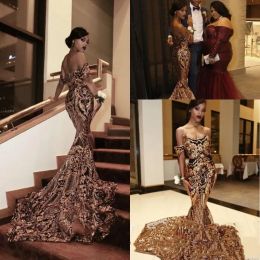 Dresses 2022 new Sequined Mermaid African Evening Dresses Wear Black Girls Jewel Neck Illusion Long Graduation Dress Plus Size Formal Sequ