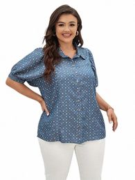 lih HUA Women's Plus Size Denim Shirt Summer Chic Elegant Shirt For Chubby Women Cott Woven Shirt 95bD#