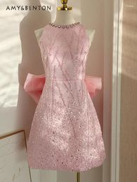 Casual Dresses French Socialite Heavy Industry Diamond Beaded Sequins Stitching Three-Dimensional Bow Dress High-Grade Temperament A-line