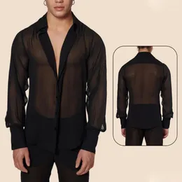 Men's Casual Shirts Fashion Breathable Shirt Black Mesh See-through With Long Sleeves V-neck Sexy Single-breasted Blouse For Party