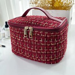 Cosmetic Bags Capacity Bag Plaid Texture Set With Zipper Closure Mesh Pockets Retro Makeup Organiser For Travel