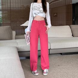 Women's Jeans American Rose Red Thin Fashion Cool Casual High Waist Straight Trousers Female Vintage Style Wide Leg Pants