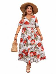 summer High Waist Hollow Out Lg Dr V Neck Short Sleeve Floral Print Boho Beach Casual Dr Curvy Plus Size Women Clothing 90Vn#