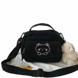 carto Bear Print Black Menger Bag Corduroy Shoulder Bags Student Tote Women Fi Travel Handbags Satchel Storage Bag c6kC#