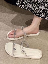 Dress Shoes Flat Toe French Style Sandals Fairy Worn On The Outside. 2024 Summer Shitting Water Diamond