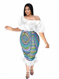 elegant Women Two Pieces Set White Sheer Skew Collar Top High Waist Vintage Printed Skirt Evening Party Event Plus Size Suit New 67ZO#