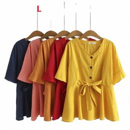 new 2022 Ladies Summer Plus Size Tops For Women Large Size Blouse Short Sleeve Yellow Belt Cott V-neck Shirt 3XL 4XL 5XL 6XL V7GY#