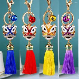 Keychains Chinese Style Lion Dance Keychain Ancient Mascot Key Chains Fashion Crystal Animal Keyring Enamel Ring Holder Tassel