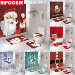 Shower Curtains Merry Christmas Bathroom Curtain Santa Claus Snowman Elk Bells Red Bath Mats Non Slip Rug Toilet Cover Party