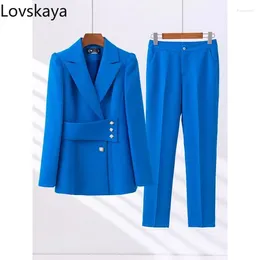 Women's Two Piece Pants High Quality Work Wear Formal 2 Set Female Blazer Jacket And Trouser Pant Suit Ladies Green Blue Apricot Women