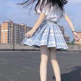 Japanese Student JK Uniform White Shirt Blue Bow Tie Gentle Pleated Skirt Plaid Skirt Tartan Kilt Suit for Girl Woman Maid Lady