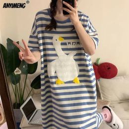 Cute White Swan Strip Long Sleepshirt for Women Summer Milk Silk Pajamas Set for Woman Casual Short Sleeves Nightgowns Homewear