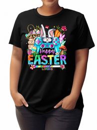 plus-size cott T-shirt, Easter, cute bunny game, egg, new life creati pattern, casual fi plus-size women's dr D9hY#